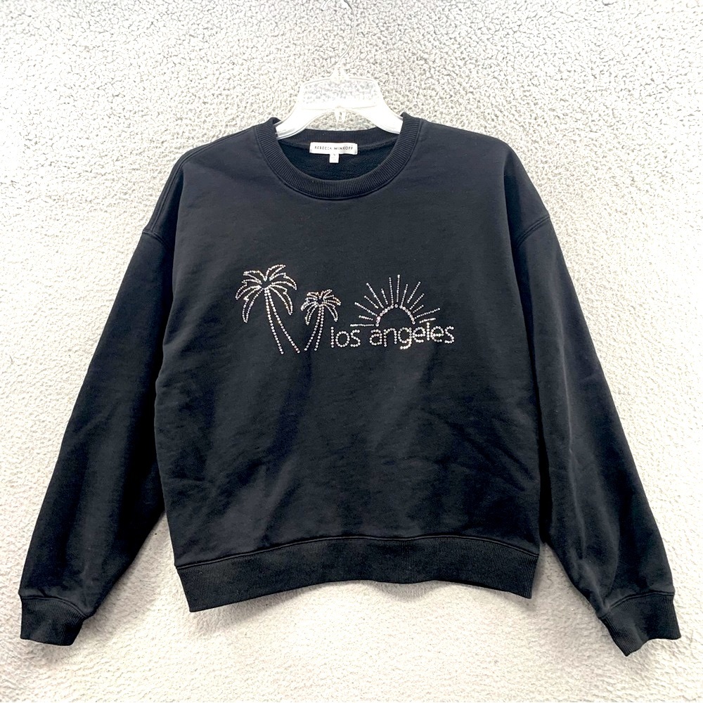 Rebecca Minkoff Womens S Black Studded Logo Crew-Neck Crop Cotton Sweatshirt Top